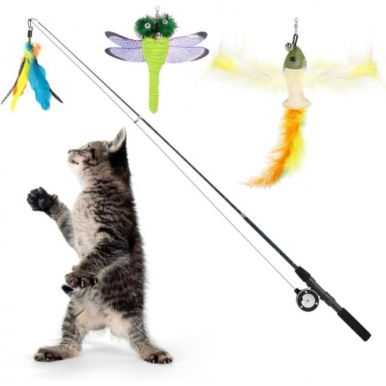 Pawaboo Interactive Cat Toy, Retractable Cat Fishing Rod with 3 Replacement Fishing Lures Made of Feathers and Bells, Adjustable Line Length, Feather Teaser for Cats Kittens Fun Pawaboo Interactive Cat Toy, Retractable Cat Fishing Rod with 3 Replacement Fishing Lures Made of Feathers and Bells, Adjustable Line Length, Feather Teaser for Cats Kittens Fun