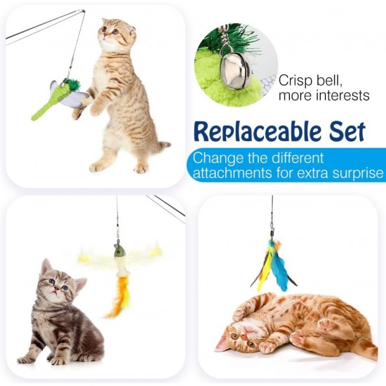 Pawaboo Interactive Cat Toy, Retractable Cat Fishing Rod with 3 Replacement Fishing Lures Made of Feathers and Bells, Adjustable Line Length, Feather Teaser for Cats Kittens Fun Pawaboo Interactive Cat Toy, Retractable Cat Fishing Rod with 3 Replacement Fishing Lures Made of Feathers and Bells, Adjustable Line Length, Feather Teaser for Cats Kittens Fun