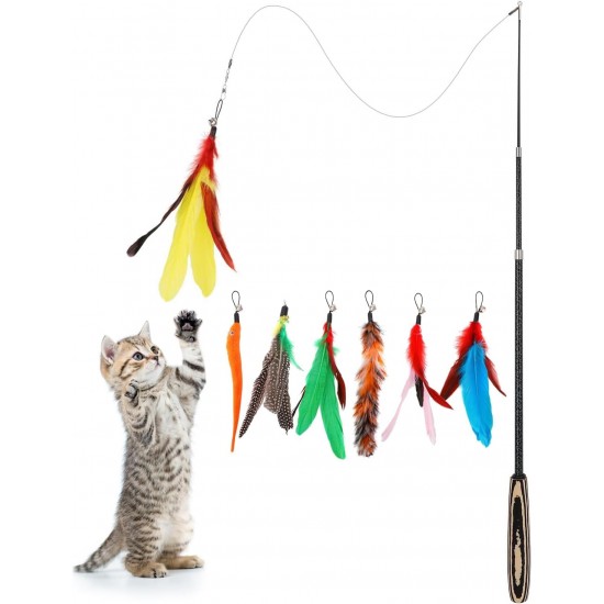 Pawaboo Interactive Cat Toy, Retractable Cat Fishing Rod with 3 Replacement Fishing Lures Made of Feathers and Bells, Adjustable Line Length, Feather Teaser for Cats Kittens Fun Pawaboo Interactive Cat Toy, Retractable Cat Fishing Rod with 3 Replacement Fishing Lures Made of Feathers and Bells, Adjustable Line Length, Feather Teaser for Cats Kittens Fun