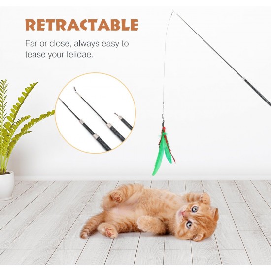 Pawaboo Interactive Cat Toy, Retractable Cat Fishing Rod with 3 Replacement Fishing Lures Made of Feathers and Bells, Adjustable Line Length, Feather Teaser for Cats Kittens Fun Pawaboo Interactive Cat Toy, Retractable Cat Fishing Rod with 3 Replacement Fishing Lures Made of Feathers and Bells, Adjustable Line Length, Feather Teaser for Cats Kittens Fun