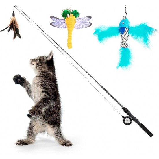 Pawaboo Interactive Cat Toy, Retractable Cat Fishing Rod with 3 Replacement Fishing Lures Made of Feathers and Bells, Adjustable Line Length, Feather Teaser for Cats Kittens Fun Pawaboo Interactive Cat Toy, Retractable Cat Fishing Rod with 3 Replacement Fishing Lures Made of Feathers and Bells, Adjustable Line Length, Feather Teaser for Cats Kittens Fun