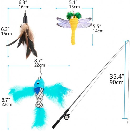 Pawaboo Interactive Cat Toy, Retractable Cat Fishing Rod with 3 Replacement Fishing Lures Made of Feathers and Bells, Adjustable Line Length, Feather Teaser for Cats Kittens Fun Pawaboo Interactive Cat Toy, Retractable Cat Fishing Rod with 3 Replacement Fishing Lures Made of Feathers and Bells, Adjustable Line Length, Feather Teaser for Cats Kittens Fun