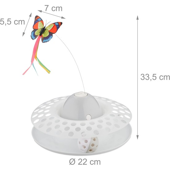 Relaxdays Cat Toy Butterfly and Ball, H x D: 33.5 x 22 cm, Interactive Cat Carousel, Cat Round 360°, White Relaxdays Cat Toy Butterfly and Ball, H x D: 33.5 x 22 cm, Interactive Cat Carousel, Cat Round 360°, White