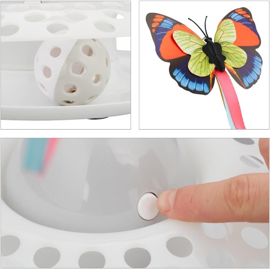 Relaxdays Cat Toy Butterfly and Ball, H x D: 33.5 x 22 cm, Interactive Cat Carousel, Cat Round 360°, White Relaxdays Cat Toy Butterfly and Ball, H x D: 33.5 x 22 cm, Interactive Cat Carousel, Cat Round 360°, White
