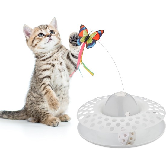 Relaxdays Cat Toy Butterfly and Ball, H x D: 33.5 x 22 cm, Interactive Cat Carousel, Cat Round 360°, White Relaxdays Cat Toy Butterfly and Ball, H x D: 33.5 x 22 cm, Interactive Cat Carousel, Cat Round 360°, White