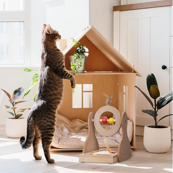 Relaxdays Scratching toy, cat board MDF and sisal, H x W x D: 30 x 17 x 30 cm, play wheel, balls and feathers, cat toy, natural Relaxdays Scratching toy, cat board MDF and sisal, H x W x D: 30 x 17 x 30 cm, play wheel, balls and feathers, cat toy, natural