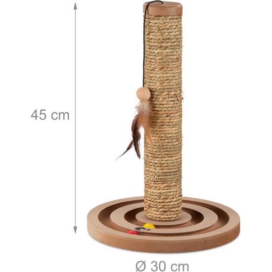 Relaxdays Scratching toy, cat board MDF and sisal, H x W x D: 30 x 17 x 30 cm, play wheel, balls and feathers, cat toy, natural Relaxdays Scratching toy, cat board MDF and sisal, H x W x D: 30 x 17 x 30 cm, play wheel, balls and feathers, cat toy, natural