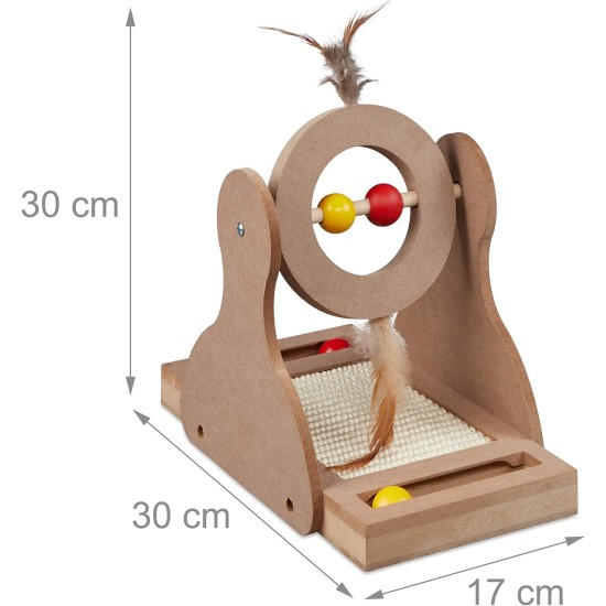 Relaxdays Scratching toy, cat board MDF and sisal, H x W x D: 30 x 17 x 30 cm, play wheel, balls and feathers, cat toy, natural Relaxdays Scratching toy, cat board MDF and sisal, H x W x D: 30 x 17 x 30 cm, play wheel, balls and feathers, cat toy, natural