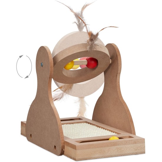 Relaxdays Scratching toy, cat board MDF and sisal, H x W x D: 30 x 17 x 30 cm, play wheel, balls and feathers, cat toy, natural Relaxdays Scratching toy, cat board MDF and sisal, H x W x D: 30 x 17 x 30 cm, play wheel, balls and feathers, cat toy, natural