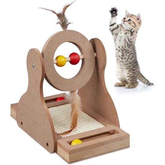 Relaxdays Scratching toy, cat board MDF and sisal, H x W x D: 30 x 17 x 30 cm, play wheel, balls and feathers, cat toy, natural