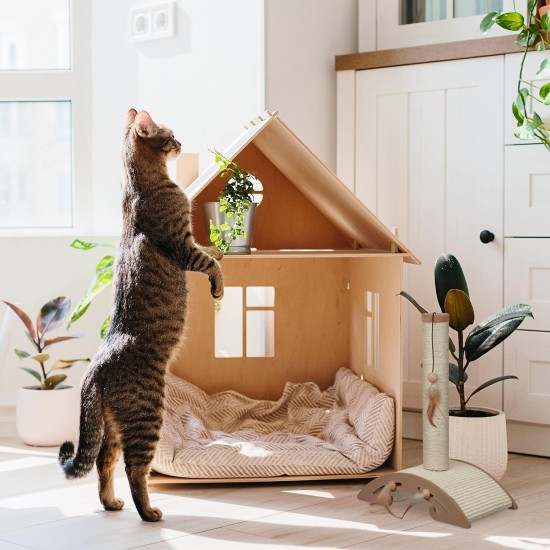 Relaxdays Scratching toy, cat board MDF and sisal, H x W x D: 30 x 17 x 30 cm, play wheel, balls and feathers, cat toy, natural Relaxdays Scratching toy, cat board MDF and sisal, H x W x D: 30 x 17 x 30 cm, play wheel, balls and feathers, cat toy, natural