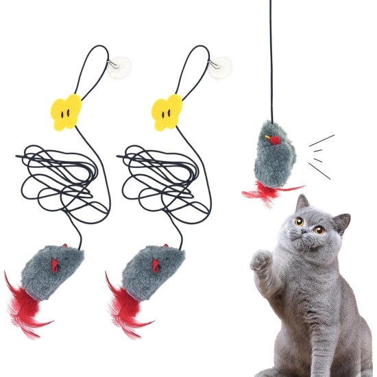 SDFLKAE Pack of 2 Cat Toy Mouse Self-Employment Hanging Door Frame Elastic Mouse with Squeaky Sound, No Batteries Required, Interactive Cat Toy with Feather Tail
