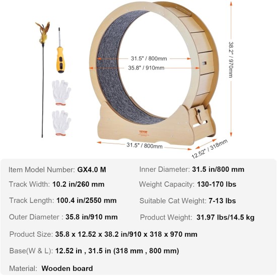 VEVOR Cat Running Wheel, Large Cat Treadmill for Domestic Cats, 91 cm Cat Running Wheel with Removable Carpet and Cat Fishing Rod for Running/Walking/Exercising, Suitable for Most Cats up to 6 kg VEVOR Cat Running Wheel, Large Cat Treadmill for Domestic Cats, 91 cm Cat Running Wheel with Removable Carpet and Cat Fishing Rod for Running/Walking/Exercising, Suitable for Most Cats up to 6 kg