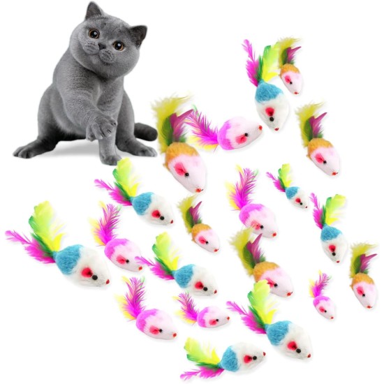VIKSAUN Pack of 20 Cat Toys - Furry Kitten Mouse with Rattle, Feather Tails and Catcher - Colourful Pet Toy VIKSAUN Pack of 20 Cat Toys - Furry Kitten Mouse with Rattle, Feather Tails and Catcher - Colourful Pet Toy