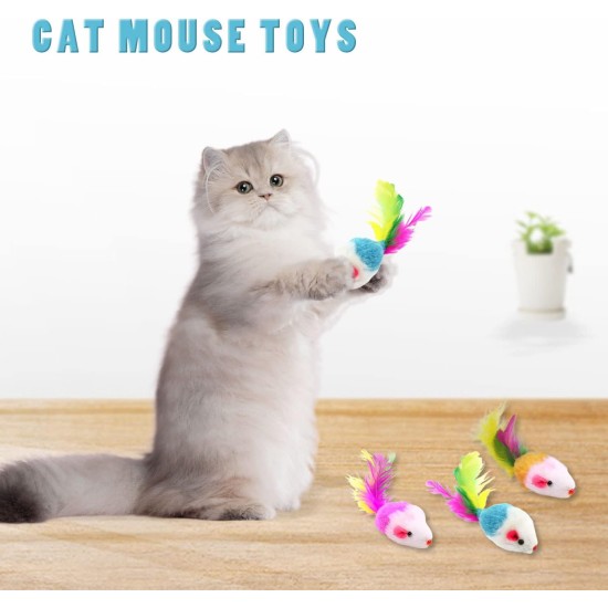 VIKSAUN Pack of 20 Cat Toys - Furry Kitten Mouse with Rattle, Feather Tails and Catcher - Colourful Pet Toy VIKSAUN Pack of 20 Cat Toys - Furry Kitten Mouse with Rattle, Feather Tails and Catcher - Colourful Pet Toy