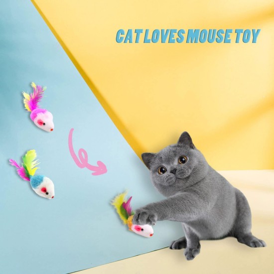 VIKSAUN Pack of 20 Cat Toys - Furry Kitten Mouse with Rattle, Feather Tails and Catcher - Colourful Pet Toy VIKSAUN Pack of 20 Cat Toys - Furry Kitten Mouse with Rattle, Feather Tails and Catcher - Colourful Pet Toy