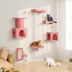 BYBYME Cat Scratching Post for House Cats, 6 Pieces High Cat Wall Shelves with Scratching Posts, Beds, Boards and Toys, Multi-Level Climbing Furniture for Kittens, Sturdy Base for Large Cats (Pink) BYBYME Cat Scratching Post for House Cats, 6 Pieces High Cat Wall Shelves with Scratching Posts, Beds, Boards and Toys, Multi-Level Climbing Furniture for Kittens, Sturdy Base for Large Cats (Pink)