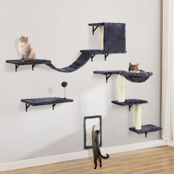 Cat Climbing Wall Set with Cat Tree Hammock, Cat Cave Wall, Cat Bridge, Scratching Board and Scratching Post - 4-Piece Wooden Cat Furniture for Cats Catwalk (Smoke Grey) Cat Climbing Wall Set with Cat Tree Hammock, Cat Cave Wall, Cat Bridge, Scratching Board and Scratching Post - 4-Piece Wooden Cat Furniture for Cats Catwalk (Smoke Grey)