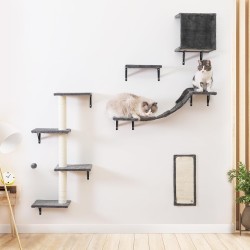 Climbing Wall Cat Set - 5-Piece Wall Shelves, Sturdy Wooden Climber, Wall Park with Cat House, Cat Bridge, Cat Tree, Cat Stairs and Scratching Board up to 10 kg (Grey) Climbing Wall Cat Set - 5-Piece Wall Shelves, Sturdy Wooden Climber, Wall Park with Cat House, Cat Bridge, Cat Tree, Cat Stairs and Scratching Board up to 10 kg (Grey)