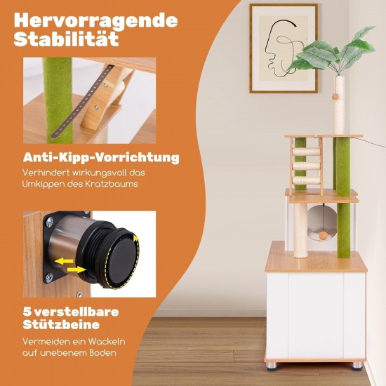 FANTASK 175 cm Cat Scratching Post with Cat Cabinet, Cat Tree with Scratching Board & Entrance & Play Ball & Ladder & Artificial Plant, Cat House Cat Scratching Post Large with Cave, Cat Furniture FANTASK 175 cm Cat Scratching Post with Cat Cabinet, Cat Tree with Scratching Board & Entrance & Play Ball & Ladder & Artificial Plant, Cat House Cat Scratching Post Large with Cave, Cat Furniture