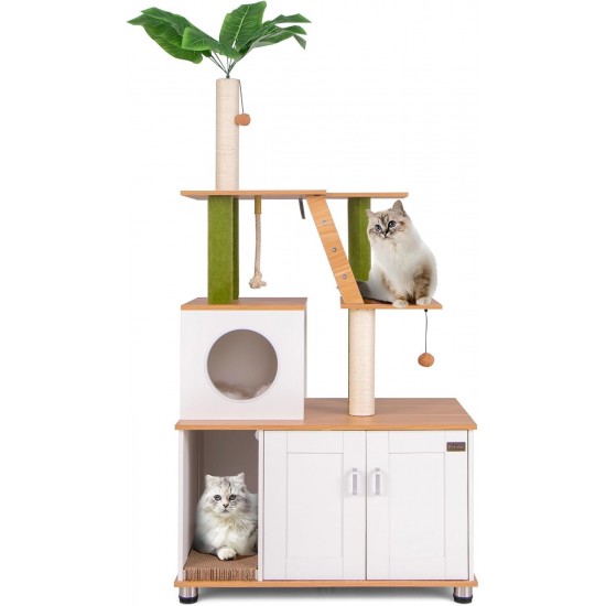 FANTASK 175 cm Cat Scratching Post with Cat Cabinet, Cat Tree with Scratching Board & Entrance & Play Ball & Ladder & Artificial Plant, Cat House Cat Scratching Post Large with Cave, Cat Furniture FANTASK 175 cm Cat Scratching Post with Cat Cabinet, Cat Tree with Scratching Board & Entrance & Play Ball & Ladder & Artificial Plant, Cat House Cat Scratching Post Large with Cave, Cat Furniture