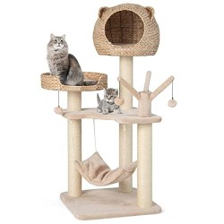 FANTASK Cat Scratching Post with Cave, 121 cm High, Cat Tree with Hammock & 4 Plush Balls & Bed, Climbing Tree with Cat Cave FANTASK Cat Scratching Post with Cave, 121 cm High, Cat Tree with Hammock & 4 Plush Balls & Bed, Climbing Tree with Cat Cave