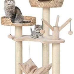 FANTASK Cat Scratching Post with Cave, 121 cm High, Cat Tree with Hammock & 4 Plush Balls & Bed, Climbing Tree with Cat Cave FANTASK Cat Scratching Post with Cave, 121 cm High, Cat Tree with Hammock & 4 Plush Balls & Bed, Climbing Tree with Cat Cave