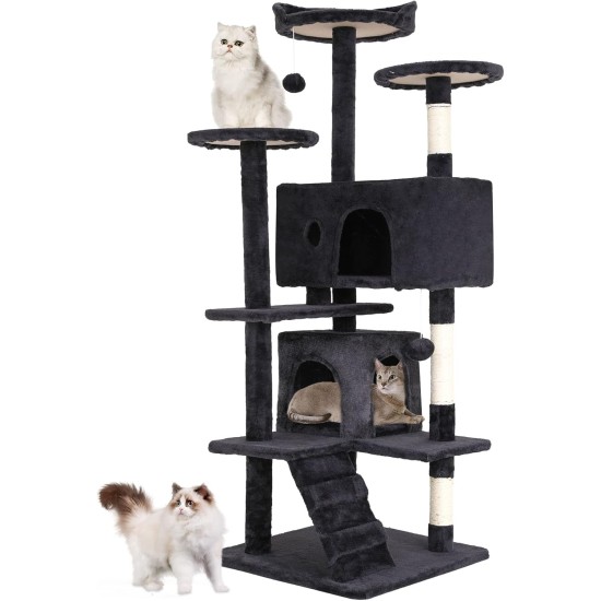 FDW Cat Scratching Tree, Height 139 cm, Play Tower for Cats with 2 Caves, 3 Platforms, 2 Sisal Balls, Climbing Tree, Multiple Levels, Ideal for 3-4 Cats, Dark Grey FDW Cat Scratching Tree, Height 139 cm, Play Tower for Cats with 2 Caves, 3 Platforms, 2 Sisal Balls, Climbing Tree, Multiple Levels, Ideal for 3-4 Cats, Dark Grey
