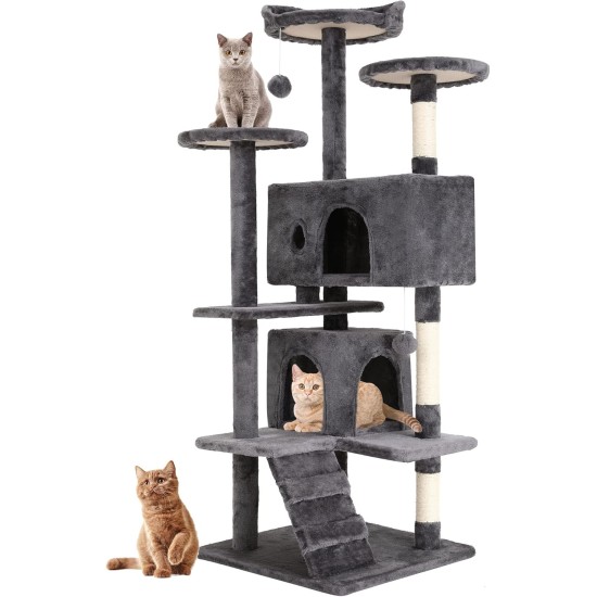 FDW Cat Scratching Tree, Height 139 cm, Play Tower for Cats with 2 Caves, 3 Platforms, 2 Sisal Balls, Climbing Tree, Multiple Levels, Ideal for 3-4 Cats, Dark Grey FDW Cat Scratching Tree, Height 139 cm, Play Tower for Cats with 2 Caves, 3 Platforms, 2 Sisal Balls, Climbing Tree, Multiple Levels, Ideal for 3-4 Cats, Dark Grey