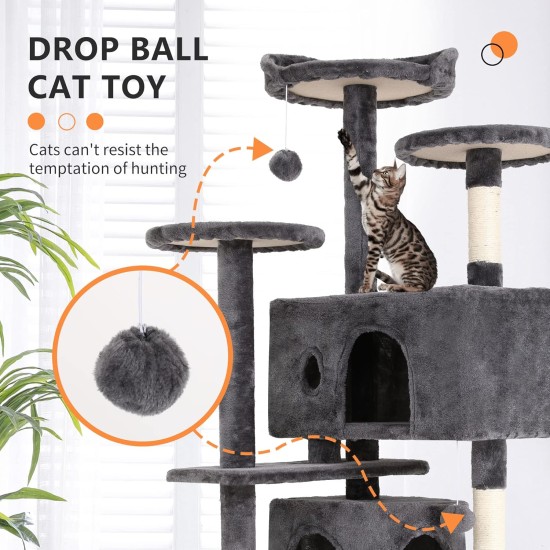 FDW Cat Scratching Tree, Height 139 cm, Play Tower for Cats with 2 Caves, 3 Platforms, 2 Sisal Balls, Climbing Tree, Multiple Levels, Ideal for 3-4 Cats, Dark Grey FDW Cat Scratching Tree, Height 139 cm, Play Tower for Cats with 2 Caves, 3 Platforms, 2 Sisal Balls, Climbing Tree, Multiple Levels, Ideal for 3-4 Cats, Dark Grey