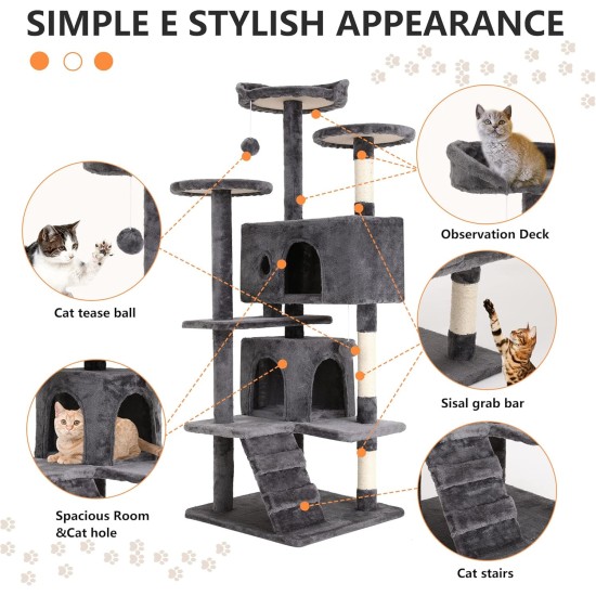 FDW Cat Scratching Tree, Height 139 cm, Play Tower for Cats with 2 Caves, 3 Platforms, 2 Sisal Balls, Climbing Tree, Multiple Levels, Ideal for 3-4 Cats, Dark Grey FDW Cat Scratching Tree, Height 139 cm, Play Tower for Cats with 2 Caves, 3 Platforms, 2 Sisal Balls, Climbing Tree, Multiple Levels, Ideal for 3-4 Cats, Dark Grey