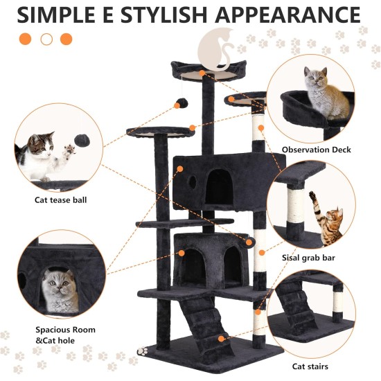 FDW Cat Scratching Tree, Height 139 cm, Play Tower for Cats with 2 Caves, 3 Platforms, 2 Sisal Balls, Climbing Tree, Multiple Levels, Ideal for 3-4 Cats, Dark Grey FDW Cat Scratching Tree, Height 139 cm, Play Tower for Cats with 2 Caves, 3 Platforms, 2 Sisal Balls, Climbing Tree, Multiple Levels, Ideal for 3-4 Cats, Dark Grey