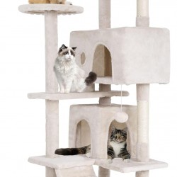 FDW Cat Scratching Tree, Height 139 cm, Play Tower for Cats with 2 Caves, 3 Platforms, 2 Sisal Balls, Climbing Tree, Multiple Levels, Ideal for 3-4 Cats, Beige FDW Cat Scratching Tree, Height 139 cm, Play Tower for Cats with 2 Caves, 3 Platforms, 2 Sisal Balls, Climbing Tree, Multiple Levels, Ideal for 3-4 Cats, Beige