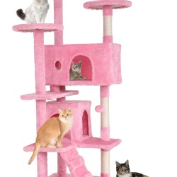 FDW Cat Scratching Tree, Height 139 cm, Play Tower for Cats with 2 Caves, 3 Platforms, 2 Sisal Balls, Climbing Tree, Multiple Levels, Ideal for 3-4 Cats, Grey/Pink FDW Cat Scratching Tree, Height 139 cm, Play Tower for Cats with 2 Caves, 3 Platforms, 2 Sisal Balls, Climbing Tree, Multiple Levels, Ideal for 3-4 Cats, Grey/Pink