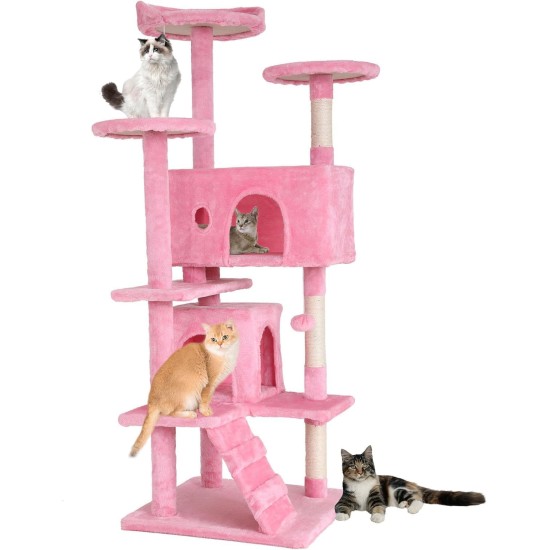 FDW Cat Scratching Tree, Height 139 cm, Play Tower for Cats with 2 Caves, 3 Platforms, 2 Sisal Balls, Climbing Tree, Multiple Levels, Ideal for 3-4 Cats, Grey/Pink FDW Cat Scratching Tree, Height 139 cm, Play Tower for Cats with 2 Caves, 3 Platforms, 2 Sisal Balls, Climbing Tree, Multiple Levels, Ideal for 3-4 Cats, Grey/Pink