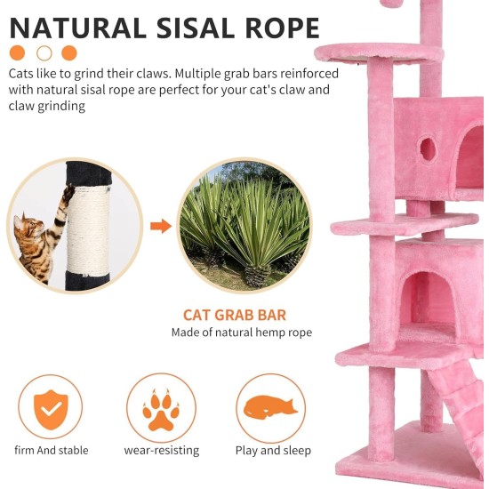 FDW Cat Scratching Tree, Height 139 cm, Play Tower for Cats with 2 Caves, 3 Platforms, 2 Sisal Balls, Climbing Tree, Multiple Levels, Ideal for 3-4 Cats, Grey/Pink FDW Cat Scratching Tree, Height 139 cm, Play Tower for Cats with 2 Caves, 3 Platforms, 2 Sisal Balls, Climbing Tree, Multiple Levels, Ideal for 3-4 Cats, Grey/Pink