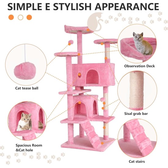 FDW Cat Scratching Tree, Height 139 cm, Play Tower for Cats with 2 Caves, 3 Platforms, 2 Sisal Balls, Climbing Tree, Multiple Levels, Ideal for 3-4 Cats, Grey/Pink FDW Cat Scratching Tree, Height 139 cm, Play Tower for Cats with 2 Caves, 3 Platforms, 2 Sisal Balls, Climbing Tree, Multiple Levels, Ideal for 3-4 Cats, Grey/Pink