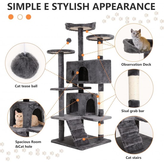 FDW Cat Scratching Tree, Height 139 cm, Play Tower for Cats with 2 Caves, 3 Platforms, 2 Sisal Balls, Climbing Tree, Multiple Levels, Ideal for 3-4 Cats, Grey/Navy FDW Cat Scratching Tree, Height 139 cm, Play Tower for Cats with 2 Caves, 3 Platforms, 2 Sisal Balls, Climbing Tree, Multiple Levels, Ideal for 3-4 Cats, Grey/Navy