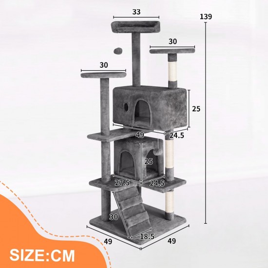 FDW Cat Scratching Tree, Height 139 cm, Play Tower for Cats with 2 Caves, 3 Platforms, 2 Sisal Balls, Climbing Tree, Multiple Levels, Ideal for 3-4 Cats, Grey/Navy FDW Cat Scratching Tree, Height 139 cm, Play Tower for Cats with 2 Caves, 3 Platforms, 2 Sisal Balls, Climbing Tree, Multiple Levels, Ideal for 3-4 Cats, Grey/Navy