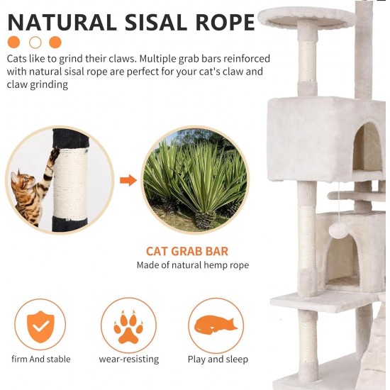 FDW Cat Scratching Tree, Height 139 cm, Play Tower for Cats with 2 Caves, 3 Platforms, 2 Sisal Balls, Climbing Tree, Multiple Levels, Ideal for 3-4 Cats, Grey/Navy FDW Cat Scratching Tree, Height 139 cm, Play Tower for Cats with 2 Caves, 3 Platforms, 2 Sisal Balls, Climbing Tree, Multiple Levels, Ideal for 3-4 Cats, Grey/Navy