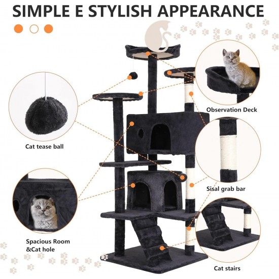 FDW Cat Scratching Tree, Height 139 cm, Play Tower for Cats with 2 Caves, 3 Platforms, 2 Sisal Balls, Climbing Tree, Multiple Levels, Ideal for 3-4 Cats, Grey/Navy FDW Cat Scratching Tree, Height 139 cm, Play Tower for Cats with 2 Caves, 3 Platforms, 2 Sisal Balls, Climbing Tree, Multiple Levels, Ideal for 3-4 Cats, Grey/Navy