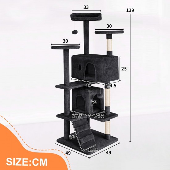 FDW Cat Scratching Tree, Height 139 cm, Play Tower for Cats with 2 Caves, 3 Platforms, 2 Sisal Balls, Climbing Tree, Multiple Levels, Ideal for 3-4 Cats, Grey/Navy FDW Cat Scratching Tree, Height 139 cm, Play Tower for Cats with 2 Caves, 3 Platforms, 2 Sisal Balls, Climbing Tree, Multiple Levels, Ideal for 3-4 Cats, Grey/Navy