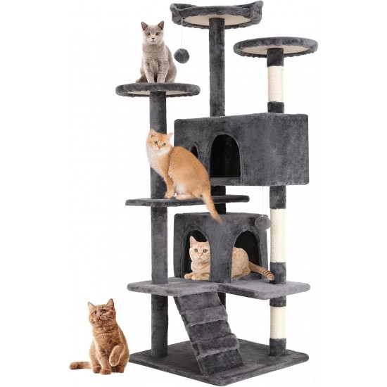 FDW Cat Scratching Tree, Height 139 cm, Play Tower for Cats with 2 Caves, 3 Platforms, 2 Sisal Balls, Climbing Tree, Multiple Levels, Ideal for 3-4 Cats, Grey/Navy FDW Cat Scratching Tree, Height 139 cm, Play Tower for Cats with 2 Caves, 3 Platforms, 2 Sisal Balls, Climbing Tree, Multiple Levels, Ideal for 3-4 Cats, Grey/Navy