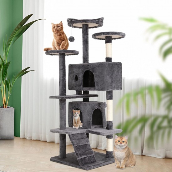 FDW Cat Scratching Tree, Height 139 cm, Play Tower for Cats with 2 Caves, 3 Platforms, 2 Sisal Balls, Climbing Tree, Multiple Levels, Ideal for 3-4 Cats, Grey/Navy FDW Cat Scratching Tree, Height 139 cm, Play Tower for Cats with 2 Caves, 3 Platforms, 2 Sisal Balls, Climbing Tree, Multiple Levels, Ideal for 3-4 Cats, Grey/Navy