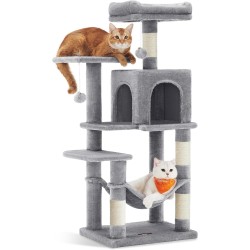 Feandrea Cat Scratching Post, 112 cm High, Multi-Tier Cat Tree with 4 Scratching Posts, 2 Platforms, Hammock, Cave, Light Grey, PCT261W01