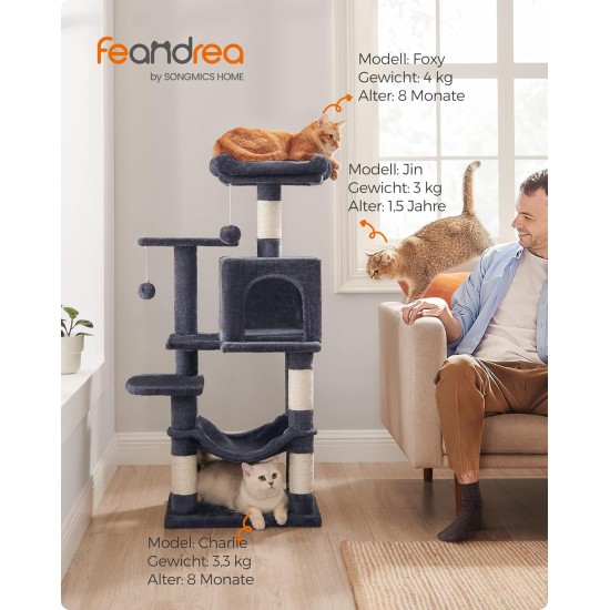 Feandrea Cat Scratching Post, 112cm High, Multi Level Cat Tree with 4 Scratching Posts, 2 Platforms, Hammock, Cave, Smoke Grey, PCT261G01 Feandrea Cat Scratching Post, 112cm High, Multi Level Cat Tree with 4 Scratching Posts, 2 Platforms, Hammock, Cave, Smoke Grey, PCT261G01