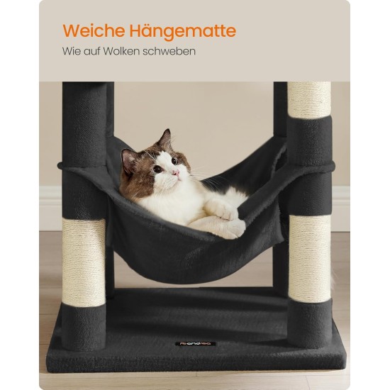 Feandrea Cat Scratching Post, 112cm High, Multi Level Cat Tree with 4 Scratching Posts, 2 Platforms, Hammock, Cave, Smoke Grey, PCT261G01 Feandrea Cat Scratching Post, 112cm High, Multi Level Cat Tree with 4 Scratching Posts, 2 Platforms, Hammock, Cave, Smoke Grey, PCT261G01