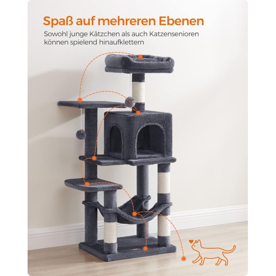 Feandrea Cat Scratching Post, 112cm High, Multi Level Cat Tree with 4 Scratching Posts, 2 Platforms, Hammock, Cave, Smoke Grey, PCT261G01 Feandrea Cat Scratching Post, 112cm High, Multi Level Cat Tree with 4 Scratching Posts, 2 Platforms, Hammock, Cave, Smoke Grey, PCT261G01
