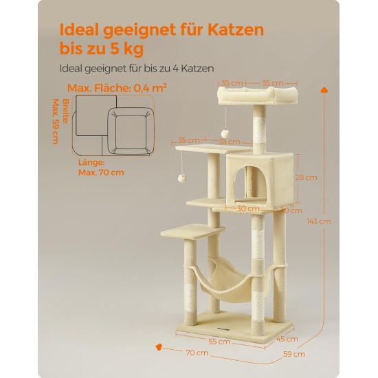 Feandrea Cat Scratching Post, 112cm High, Multi Level Cat Tree with 4 Scratching Posts, 2 Platforms, Hammock, Cave, Smoke Grey, PCT261G01 Feandrea Cat Scratching Post, 112cm High, Multi Level Cat Tree with 4 Scratching Posts, 2 Platforms, Hammock, Cave, Smoke Grey, PCT261G01