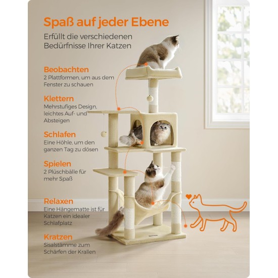 Feandrea Cat Scratching Post, 112cm High, Multi Level Cat Tree with 4 Scratching Posts, 2 Platforms, Hammock, Cave, Smoke Grey, PCT261G01 Feandrea Cat Scratching Post, 112cm High, Multi Level Cat Tree with 4 Scratching Posts, 2 Platforms, Hammock, Cave, Smoke Grey, PCT261G01